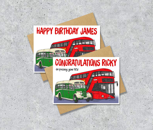 Two greeting cards with red and green buses with personalised text.