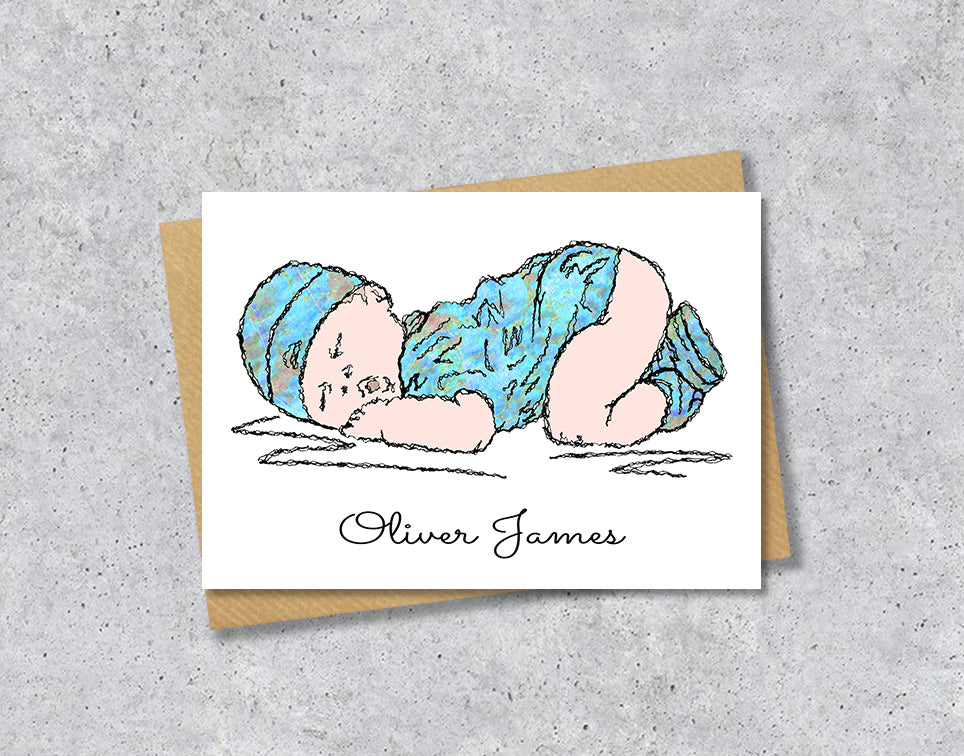 Greeting card with textile illustration of a baby boy with personalised text.