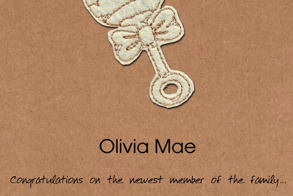 Personalised New Born Baby Card, Embroidered Minimalist Design, Kraft Eco Friendly Gift Card