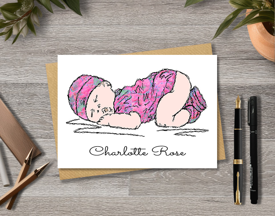Greeting card with textile illustration of a baby girl with personalised text.