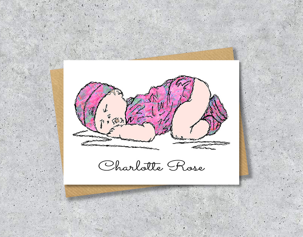 Greeting card with textile illustration of a baby girl with personalised text.