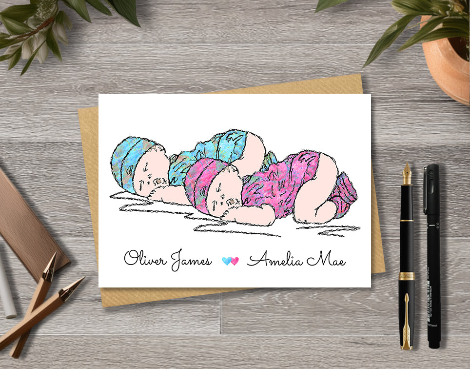 Greeting card with textile illustration of a twin baby boy and girl with personalised text.