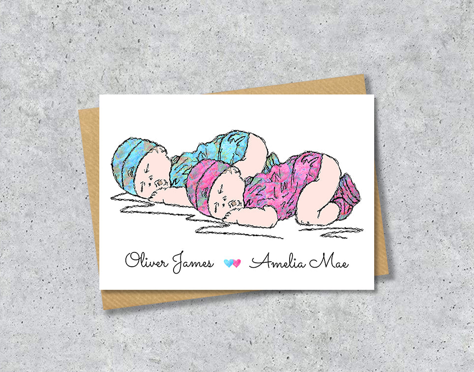 Greeting card with textile illustration of a baby boy and girl with personalised text.