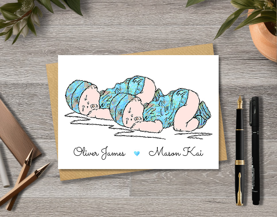 Greeting card with textile illustration of a twin baby boys with personalised text.