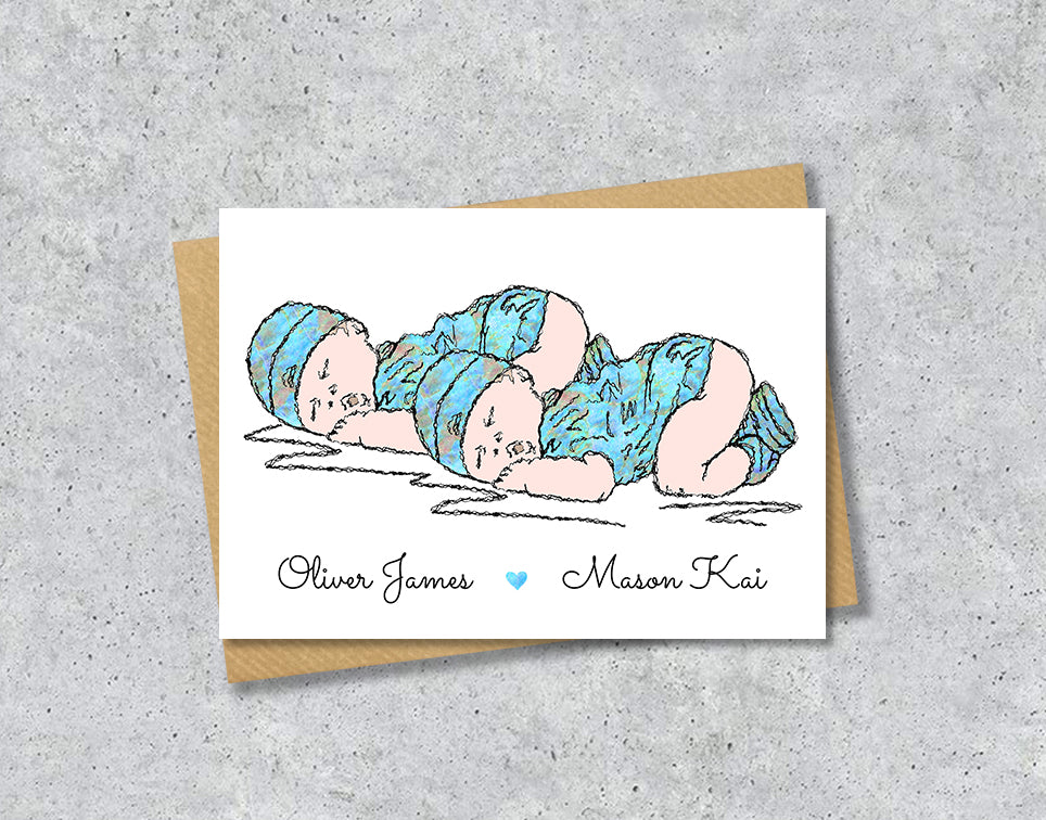 Greeting card with textile illustration of a twin baby boys with personalised text.