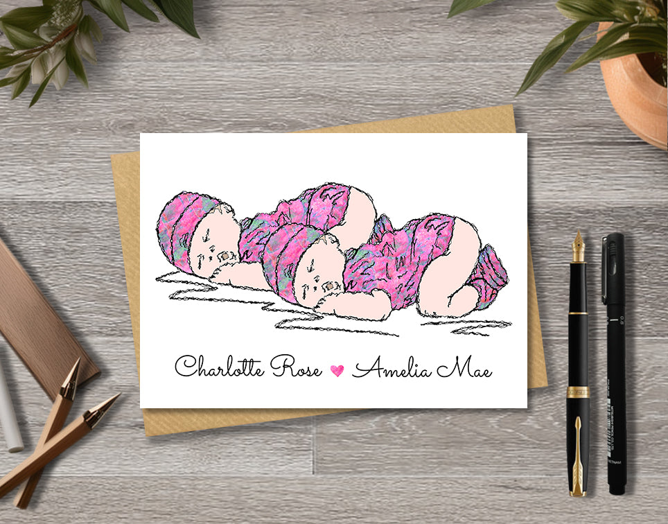 Greeting card with textile illustration of a twin baby girls with personalised text.