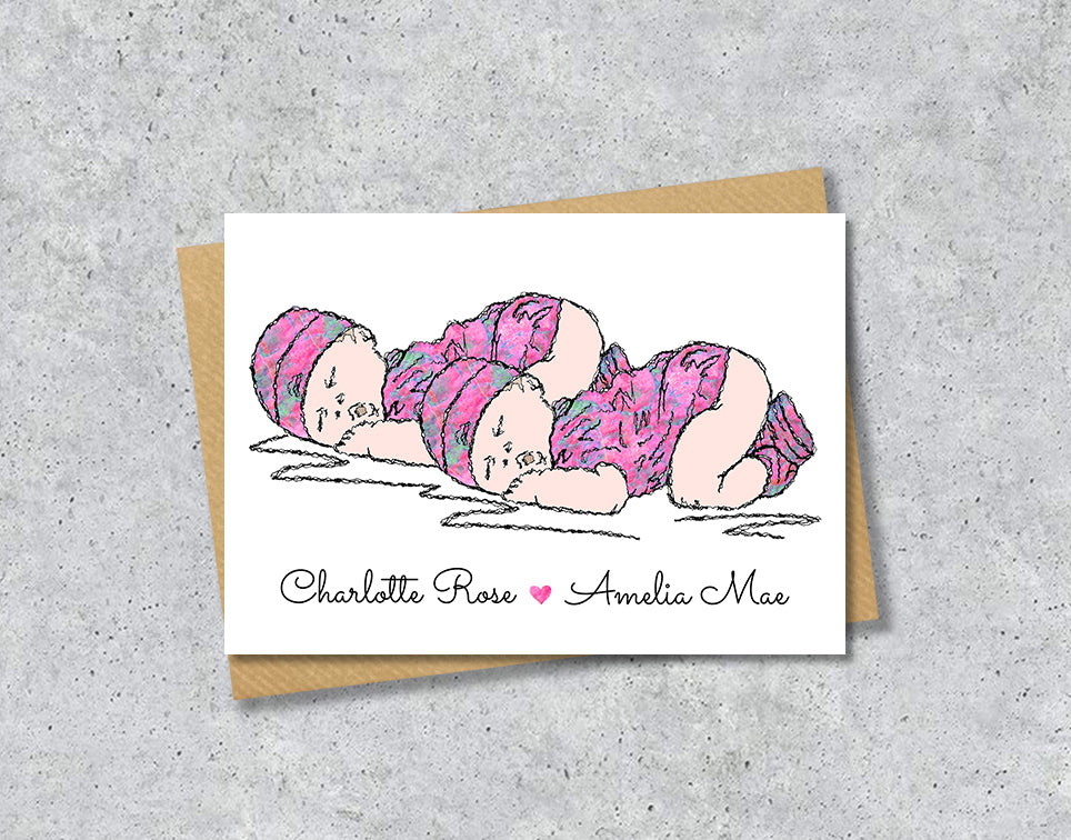 Greeting card with textile illustration of a twin baby girls with personalised text.