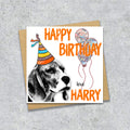 Birthday card with a Beagle wearing a party hat and balloons, with personalised text.