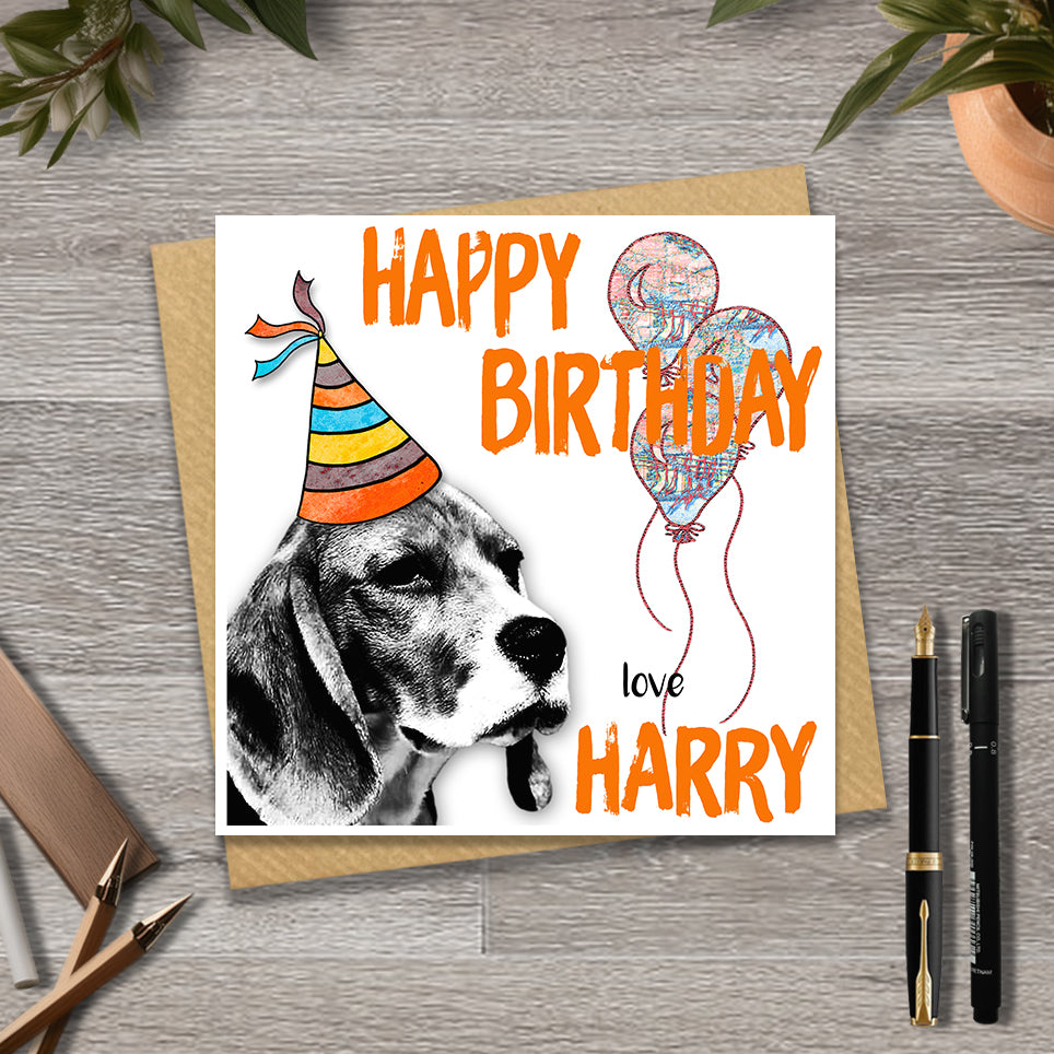 Birthday card with a Beagle wearing a party hat and balloons, with personalised text.