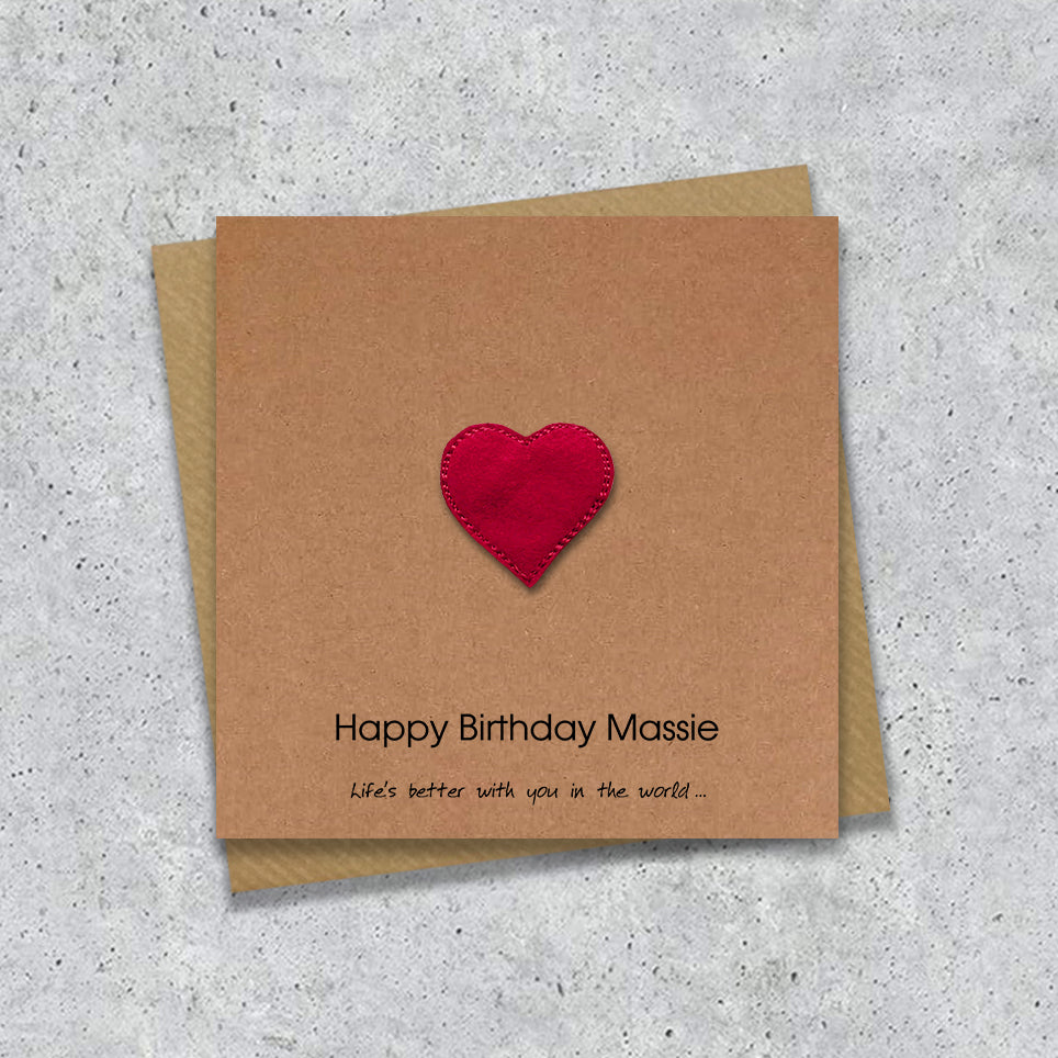 Kraft Birthday card with embroidered heart design and personalised text