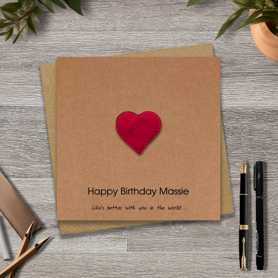 Kraft Birthday card with embroidered heart design and personalised text