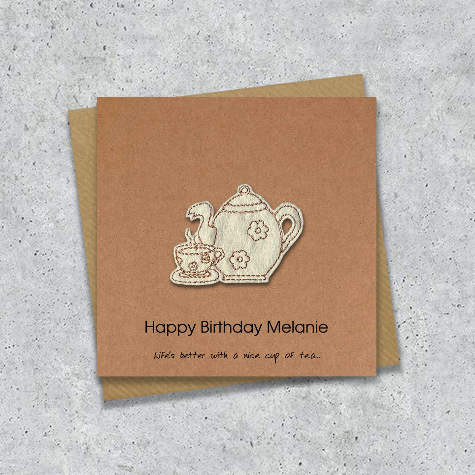 Kraft Birthday card with embroidered tea pot design and personalised text