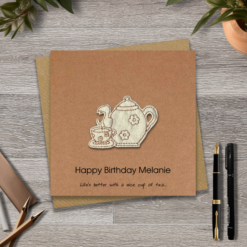 Kraft Birthday card with embroidered tea pot design and personalised text
