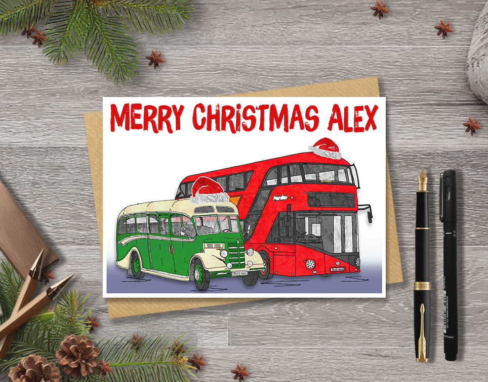 Personalised Bus Christmas A5 Card, Retro Transport Enthusiast Xmas Gift Card