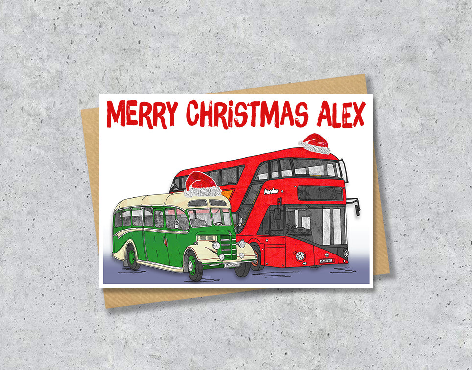 Personalised Bus Christmas A5 Card, Retro Transport Enthusiast Xmas Gift Card