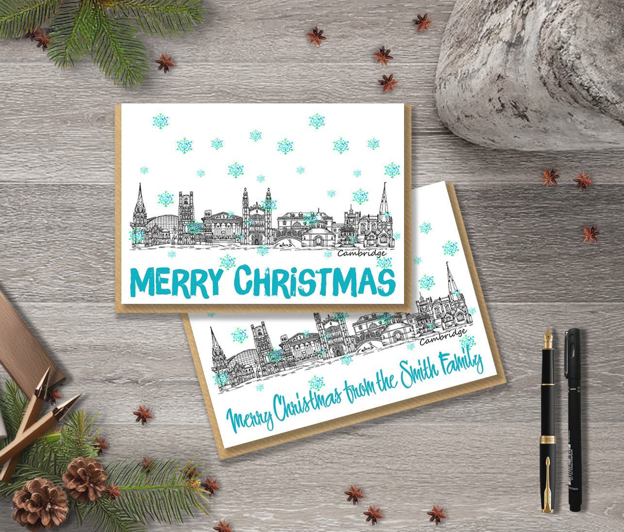 Cambridge Skyline Christmas Card, A5 Personalised Xmas Family Card