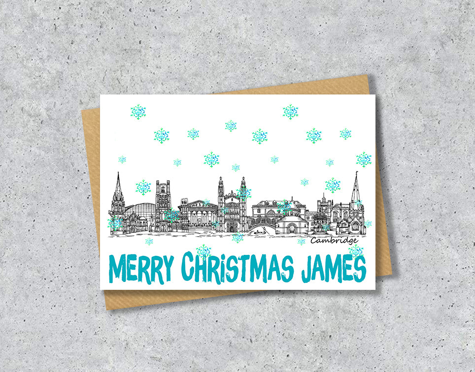 Cambridge Skyline Christmas Card, A5 Personalised Xmas Family Card