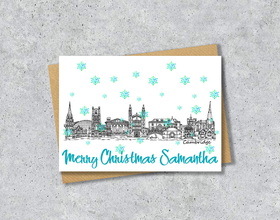 Cambridge Skyline Christmas Card, A5 Personalised Xmas Family Card
