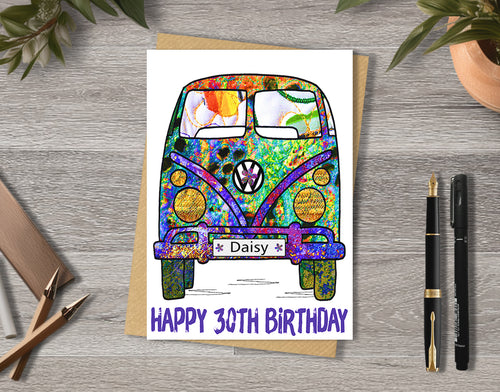 Personalised colourful campervan 30 birthday card