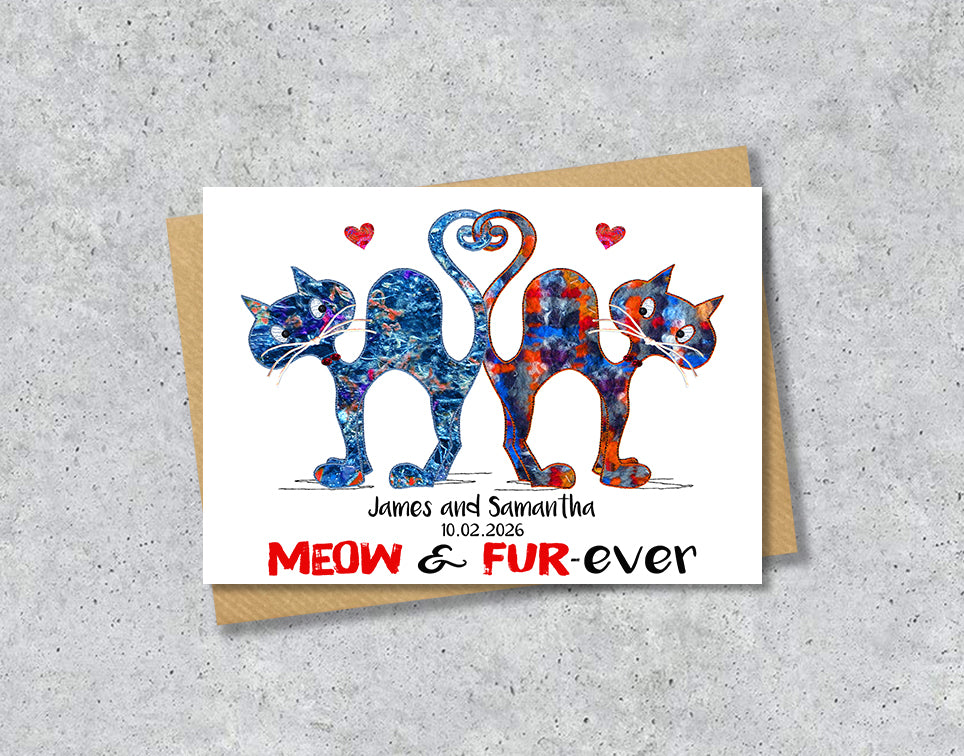Wedding card with colourful cat illustrations with personalised text.