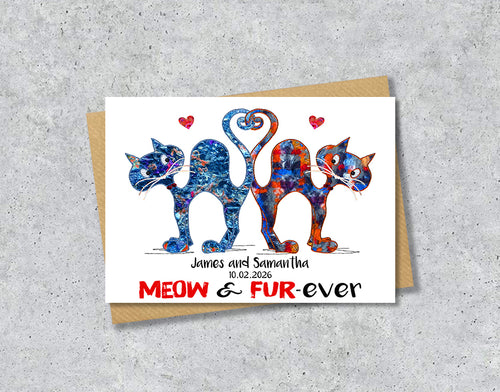 Wedding card with colourful cat illustrations with personalised text.