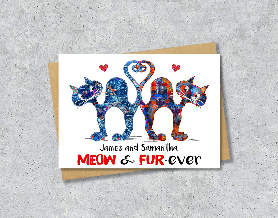 Wedding card with colourful cat illustrations with personalised text.