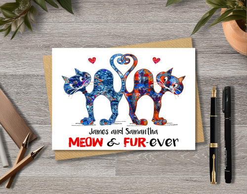 Wedding card with colourful cat illustrations with personalised text.