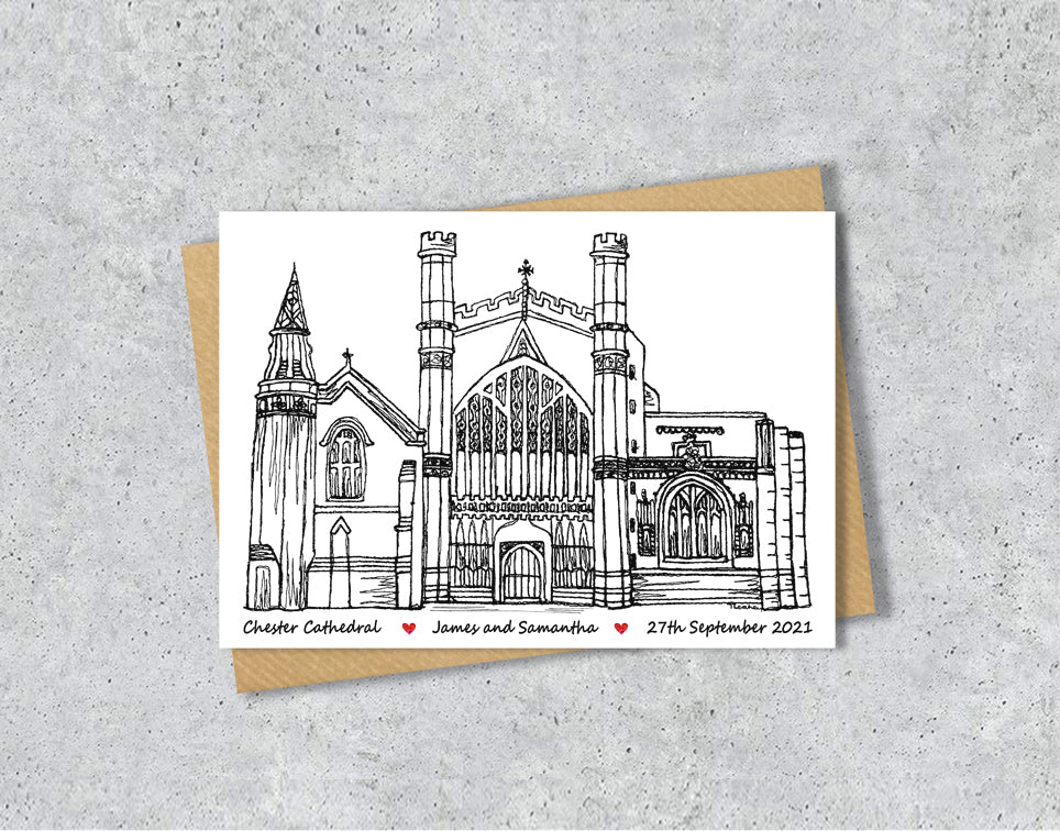 Wedding / Anniversary card with a black and white textile illustration of Chester Cathedral with personalised text.