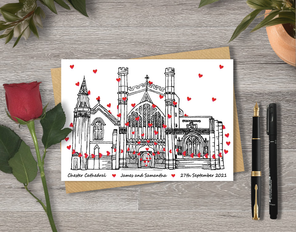 Wedding / Anniversary card with a black and white textile illustration of Chester Cathedral and red hearts with personalised text.