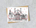 Wedding / Anniversary card with a black and white textile illustration of Chester Cathedral and red hearts with personalised text.
