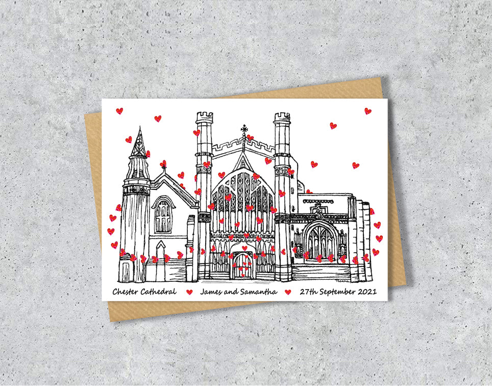 Wedding / Anniversary card with a black and white textile illustration of Chester Cathedral and red hearts with personalised text.