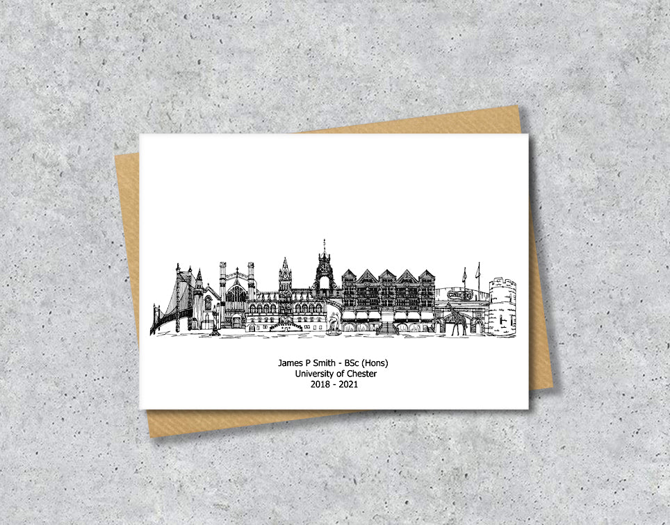 Chester Graduation Card, Personalised A6 Black and White Housewarming Card
