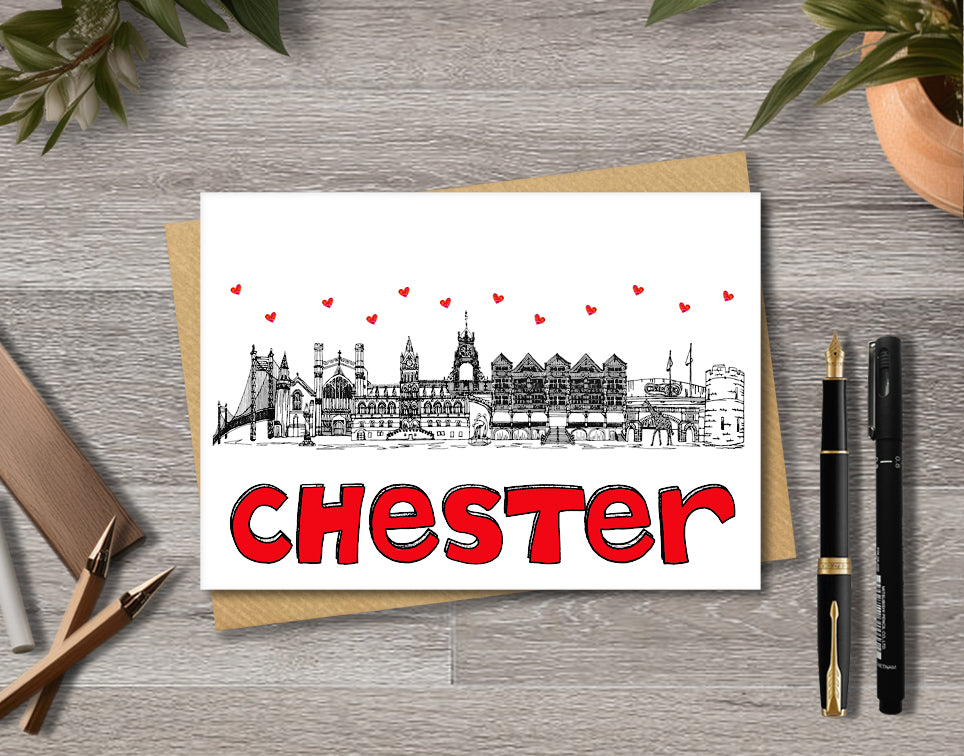 Chester Skyline, Black, White and Red A6 Card
