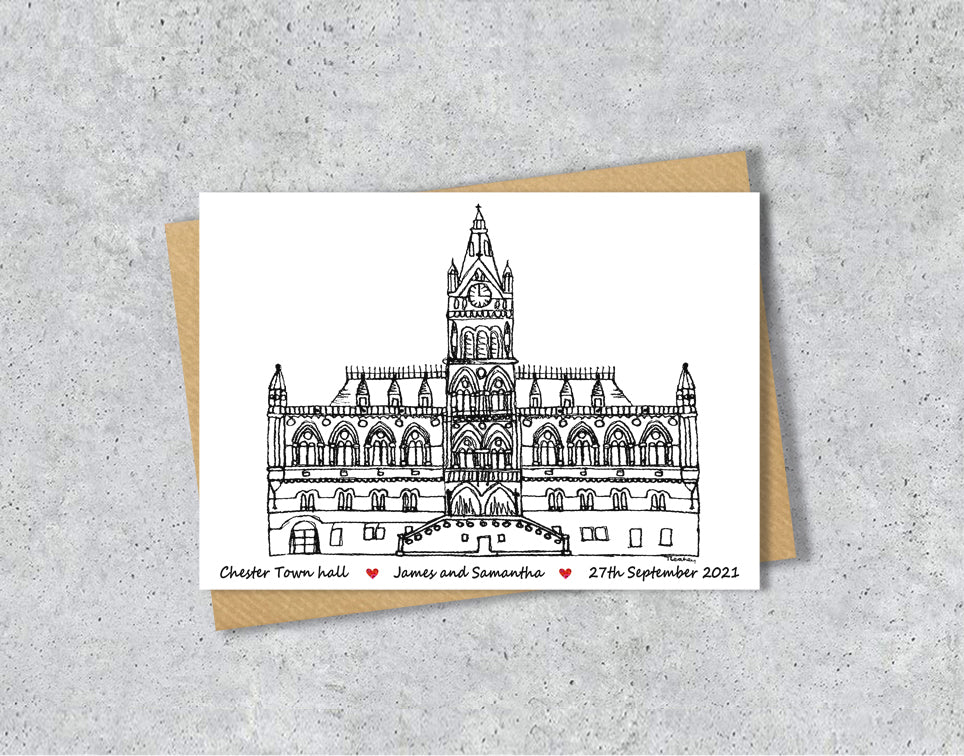 Wedding / Anniversary card with a black and white textile illustration of Chester Town Hall with personalised text.