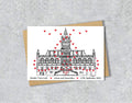 Wedding / Anniversary card with a black and white textile illustration of Chester Town Hall and red hearts with personalised text.