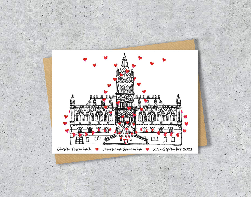 Wedding / Anniversary card with a black and white textile illustration of Chester Town Hall and red hearts with personalised text.