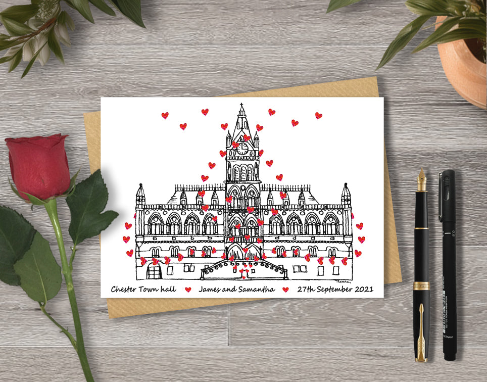 Wedding / Anniversary card with a black and white textile illustration of Chester Town Hall and red hearts with personalised text.