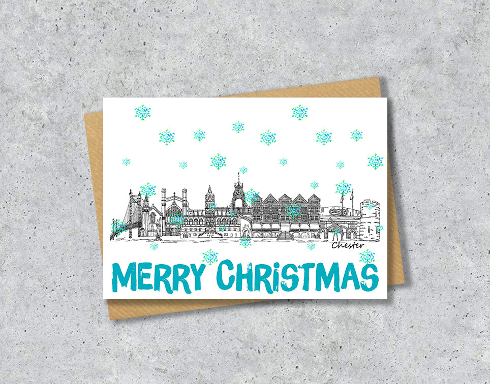 Chester Skyline Christmas Card, A5 Personalised Xmas Family Card