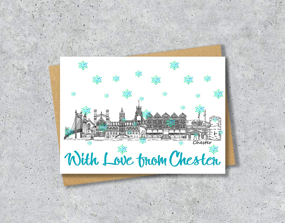 Chester Skyline Christmas Card, A5 Personalised Xmas Family Card