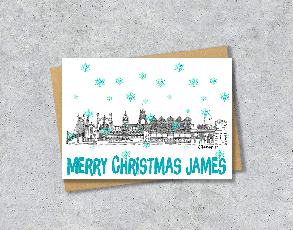 Chester Skyline Christmas Card, A5 Personalised Xmas Family Card