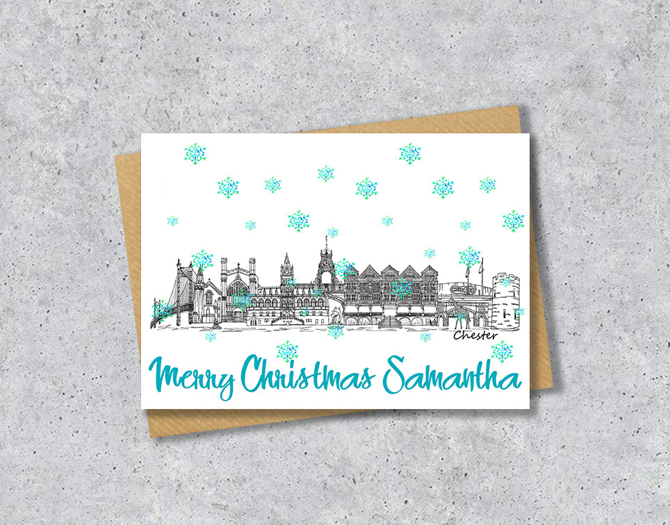 Chester Skyline Christmas Card, A5 Personalised Xmas Family Card