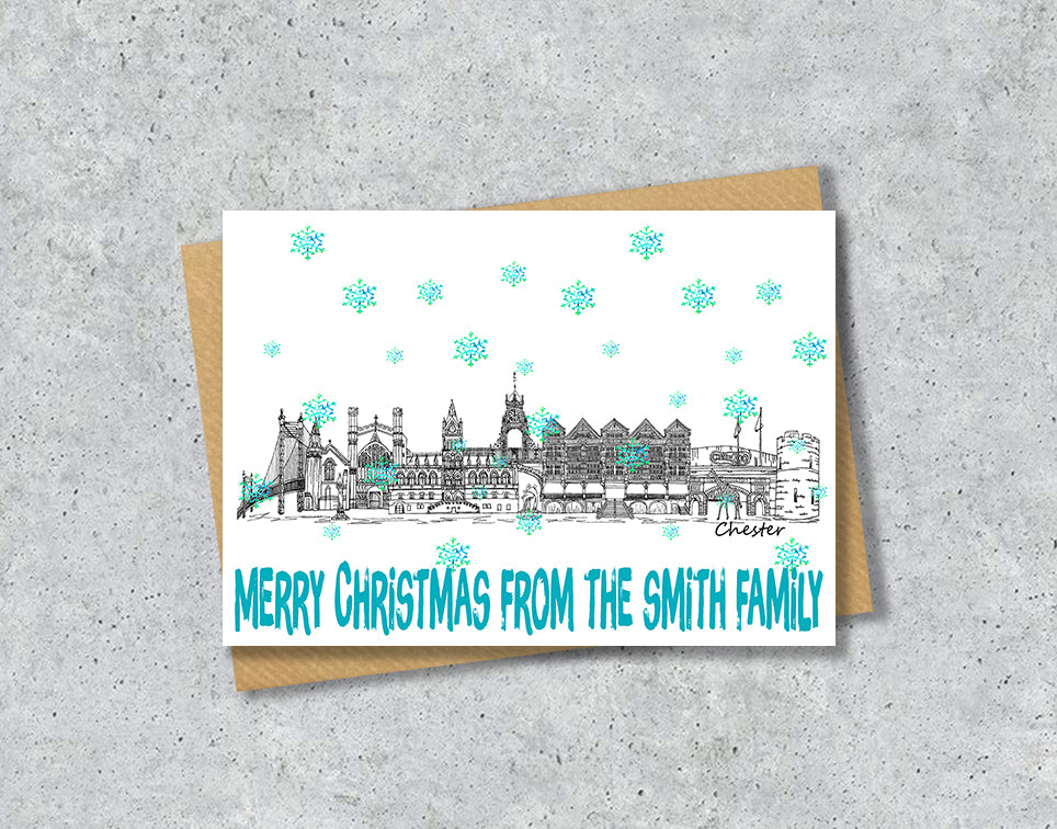 Chester Skyline Christmas Card, A5 Personalised Xmas Family Card