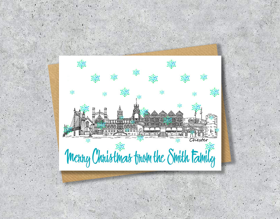 Chester Skyline Christmas Card, A5 Personalised Xmas Family Card