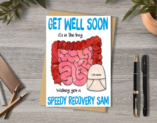 Get well soon card with intestines illustration with a soma bag saying "Life saver" with personalised text.