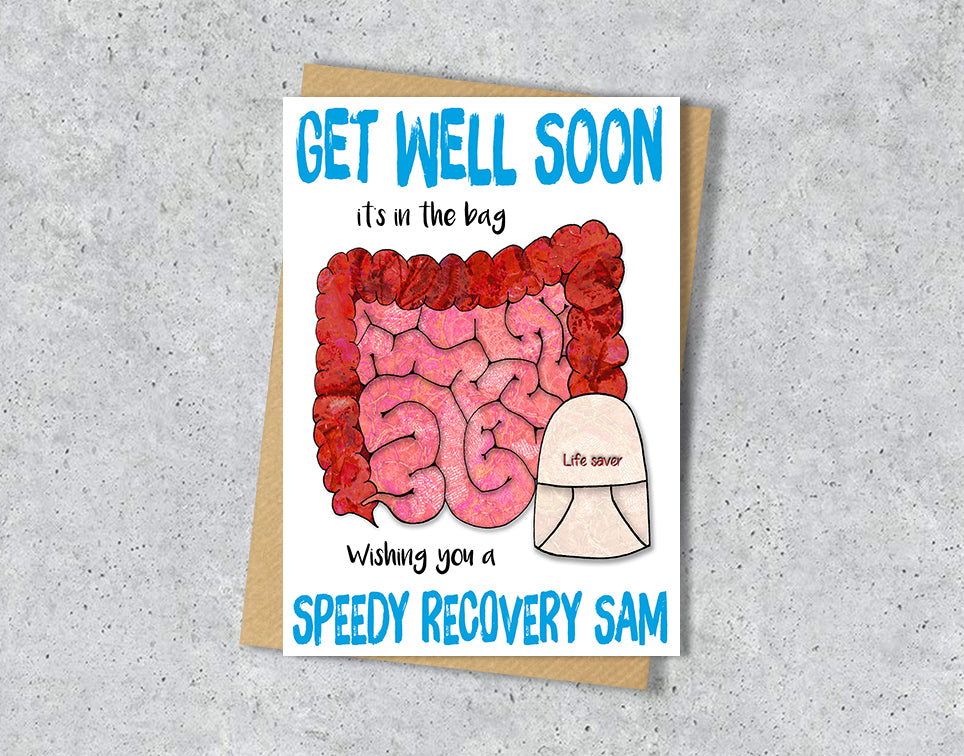 Get well soon card with intestines illustration with a soma bag saying "Life saver" with personalised text.