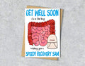 Get well soon card with intestines illustration with a soma bag saying "Life saver" with personalised text.