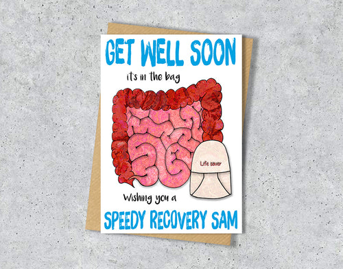 Get well soon card with intestines illustration with a soma bag saying "Life saver" with personalised text.