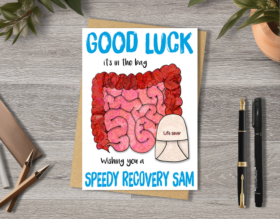 Good luck card with intestines illustration with a soma bag saying "Life saver" with personalised text.