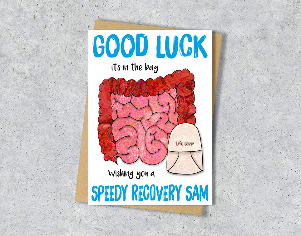 Good luck card with intestines illustration with a soma bag saying "Life saver" with personalised text.