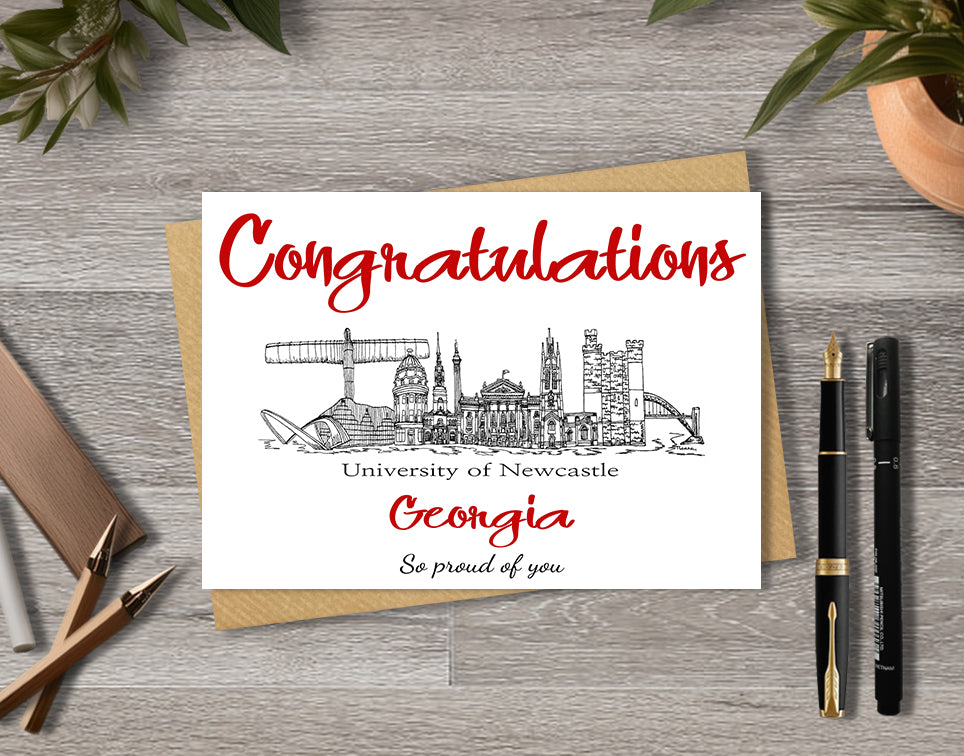 Greeting card with University of Newcastle textile illustration and 'Congratulations' with personalised text.